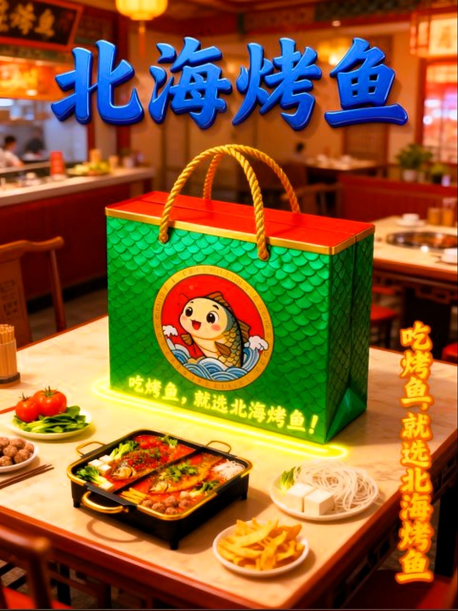 既梦AI设计北海烤鱼海报包装袋设计/AIGC设计/