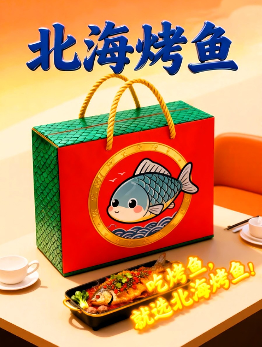 既梦AI设计北海烤鱼海报包装袋设计/AIGC设计/