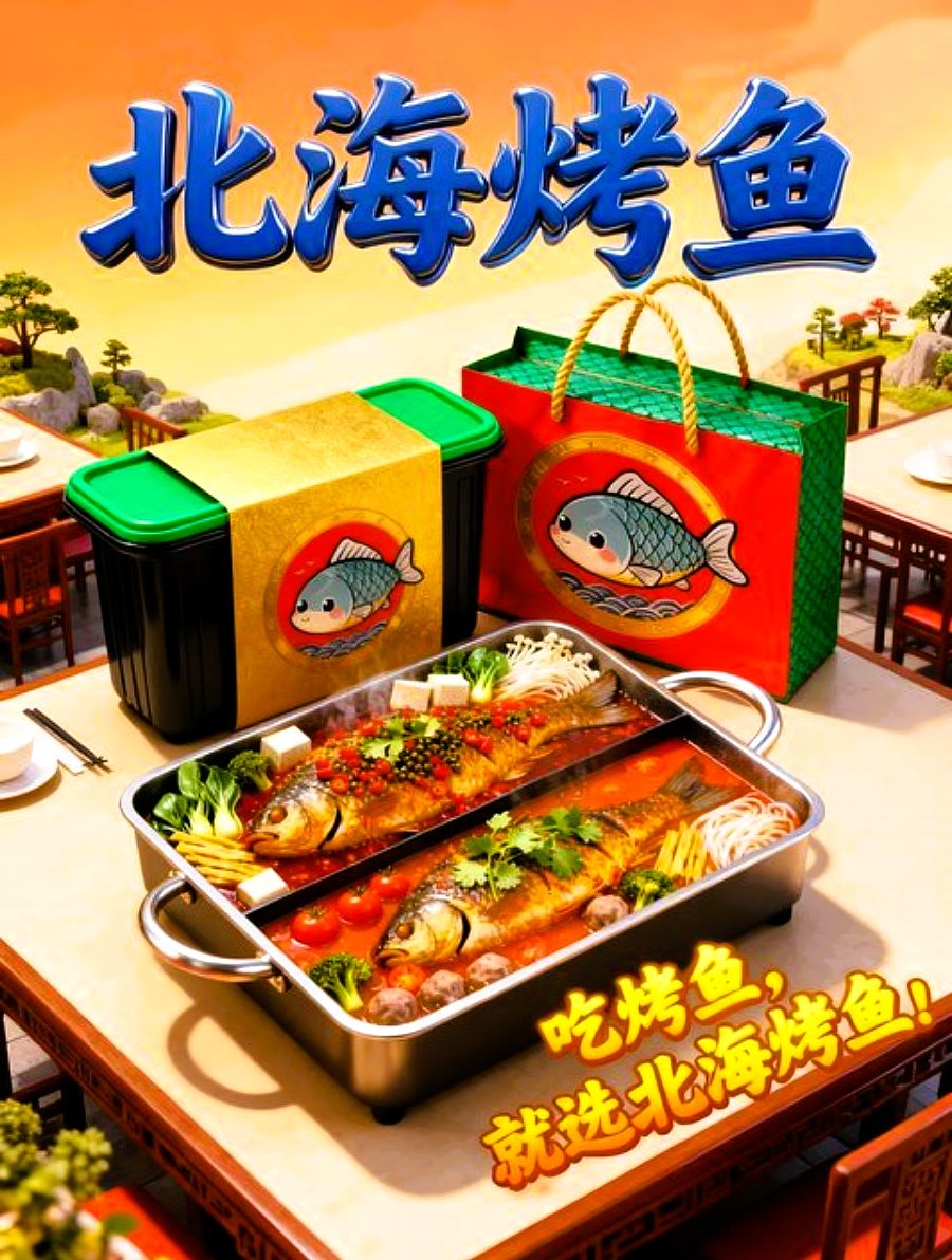 既梦AI设计北海烤鱼海报包装袋设计/AIGC设计/