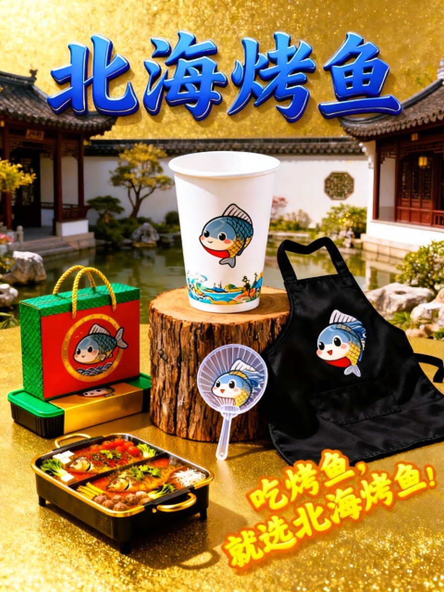 既梦AI设计北海烤鱼海报包装袋设计/AIGC设计/
