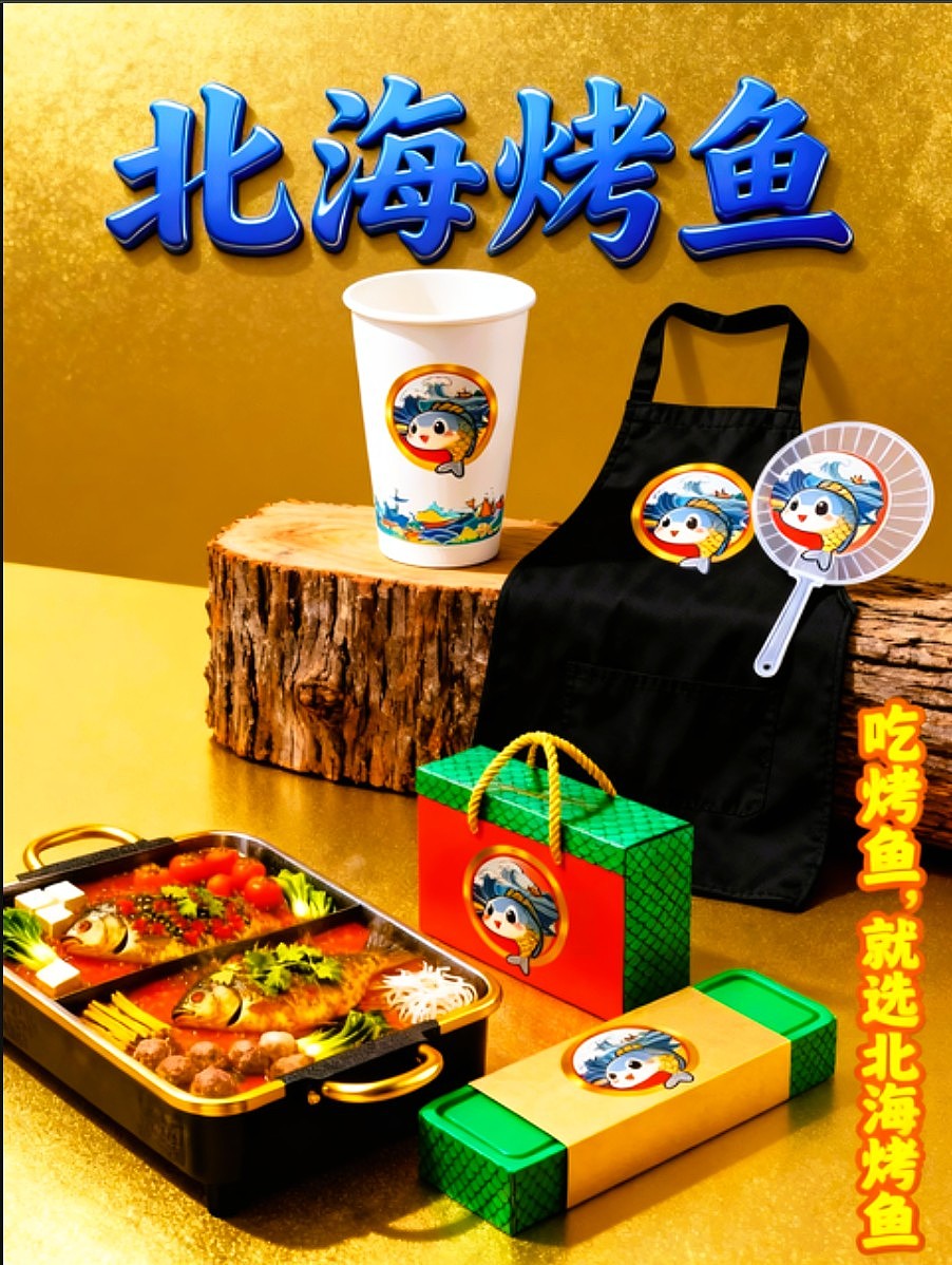 既梦AI设计北海烤鱼海报包装袋设计/AIGC设计/