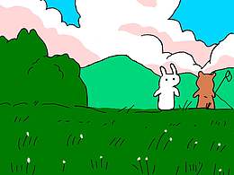 兩只可愛(ài)的小兔子在山野上一起玩耍