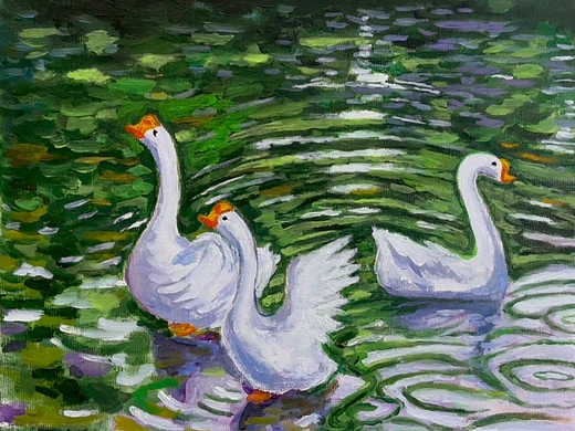 油画《碧波白影》