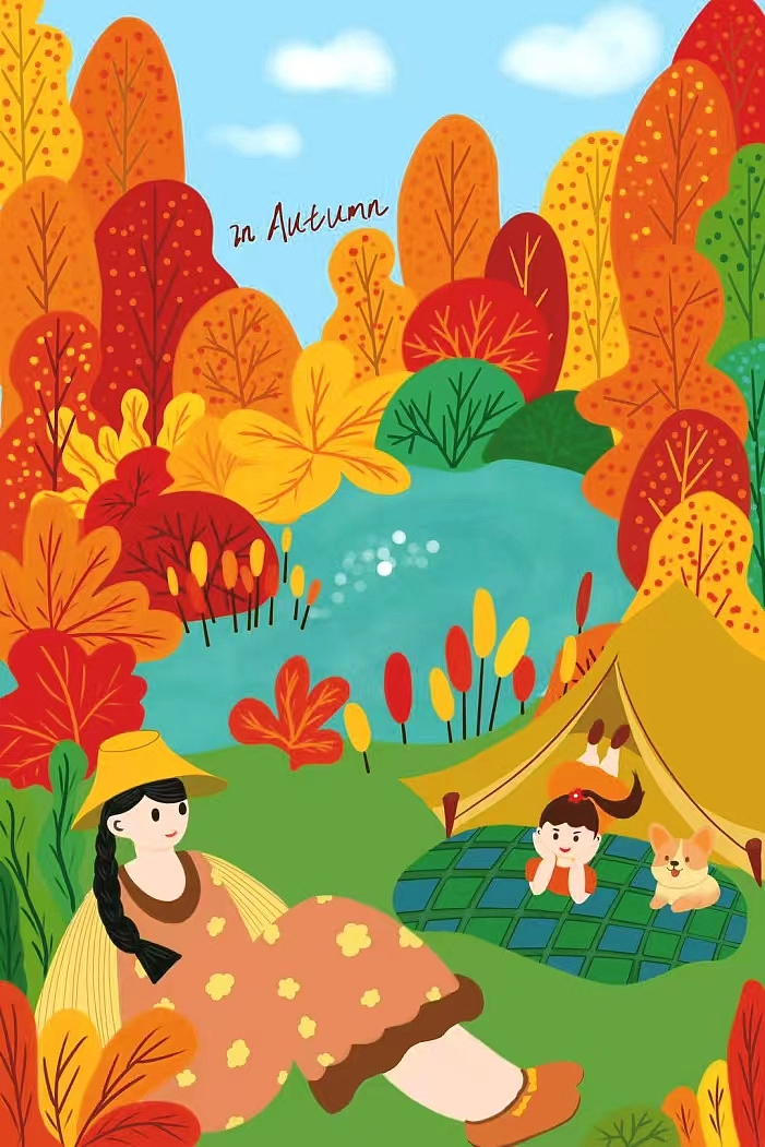 原创插画 秋游插画 扁平风插画
