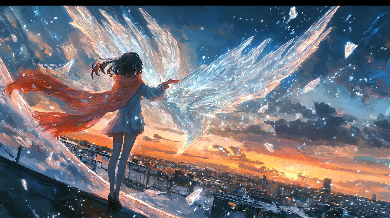 镜头 3｜5–8s｜少女觉醒 · 驭冰之翼：吉卜力少女立于屋顶，冰晶围绕她旋转，能量凝聚成巨大冰翼。