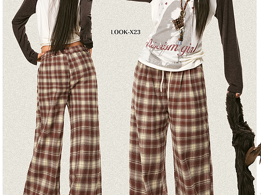 网红加绒格子休闲女裤详情页排版美式lookbook海报拼图