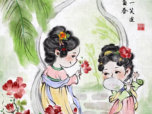 水墨风格插画：两小分花鬓角春，相逢回首一笑逢。