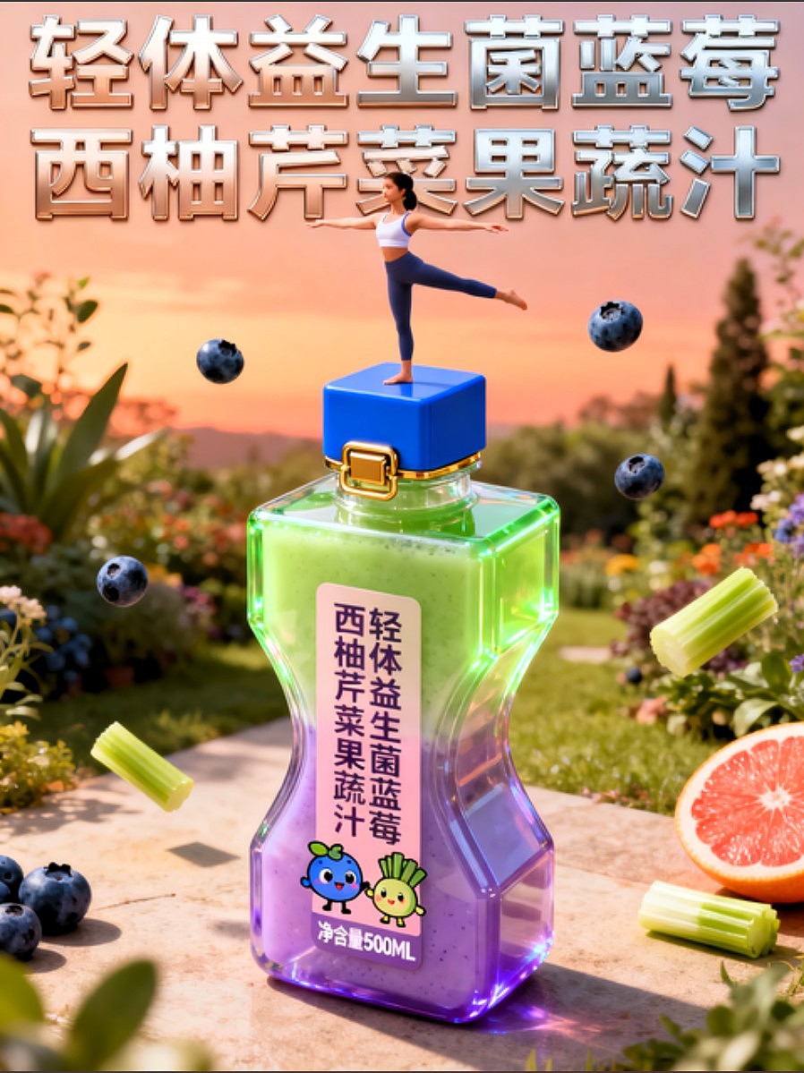 轻体益生菌蓝莓西柚芹菜果蔬汁人物海报