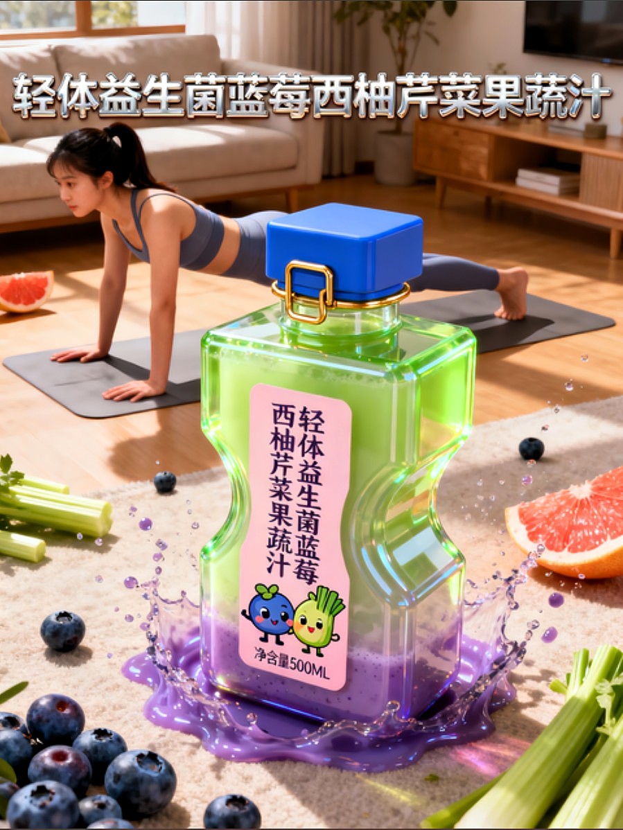 轻体益生菌蓝莓西柚芹菜果蔬汁人物海报