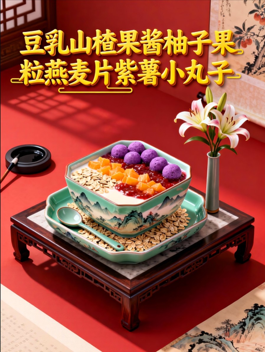 豆乳山楂果酱柚子果粒燕麦片紫薯小丸子