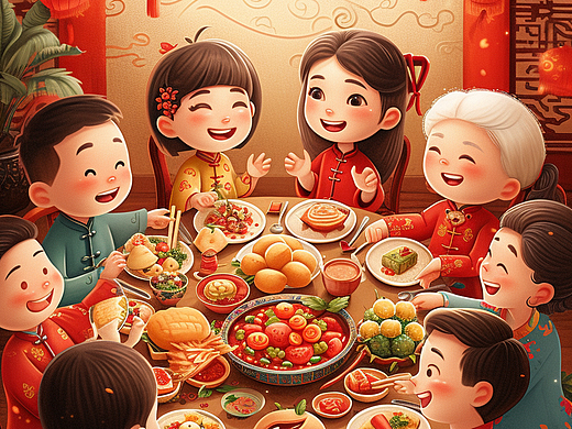 新年 团年饭 插画