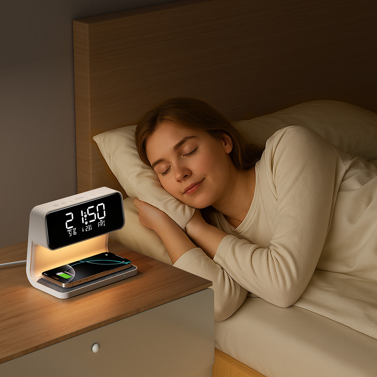 产品和床、桌子OC渲染,在空床上用AI生成人物