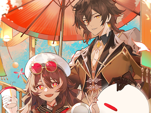 《原神》胡桃与钟离-同人插画创作