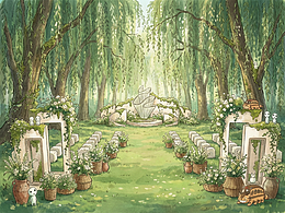 吉卜力动画风格的户外草坪婚礼场景