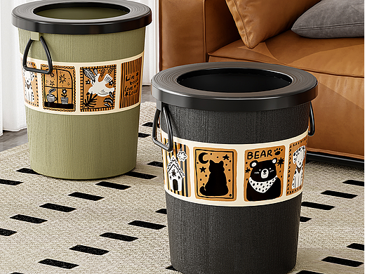 中古风垃圾桶 厨房卫生桶详情页渲染