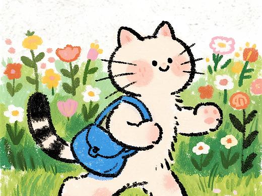 背着包包的小猫——肌理绘本画