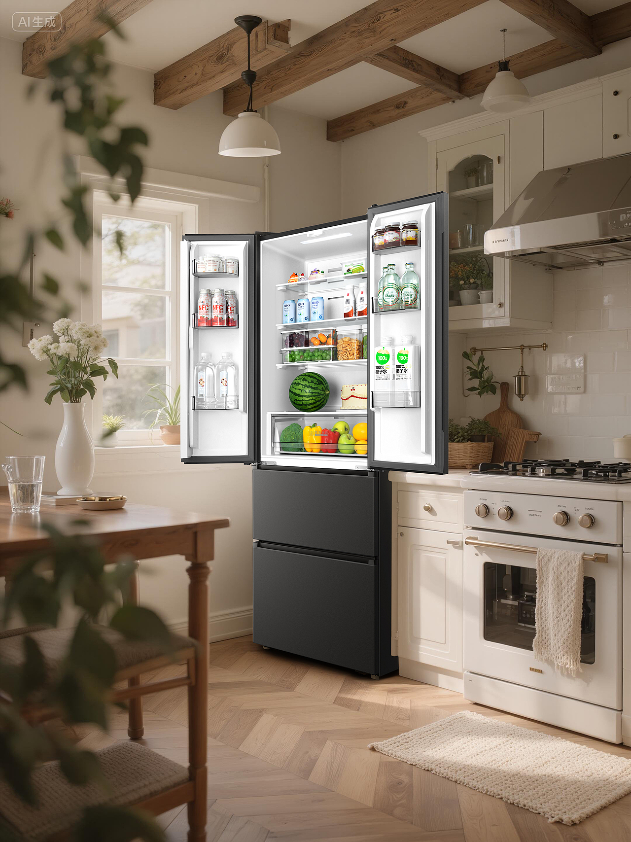 关键词【一个1米8高,宽度60cm的白色法式冰箱,冰箱45°侧面,放在法式风格的厨房里面,厨房比较小。家居收割机,温馨,阳光,超真实。超现实,超写实,拍摄。】