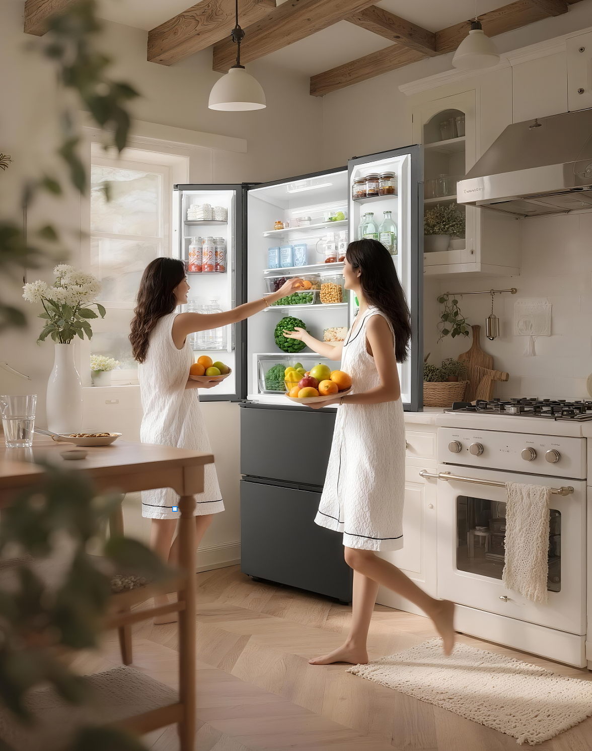 关键词:【场景里,一个穿着白色睡衣连衣裙的美女伸手拿冰箱的东西,一个穿着白色睡衣连衣裙的美女手里端着水果从身后走过,超真是,真人】