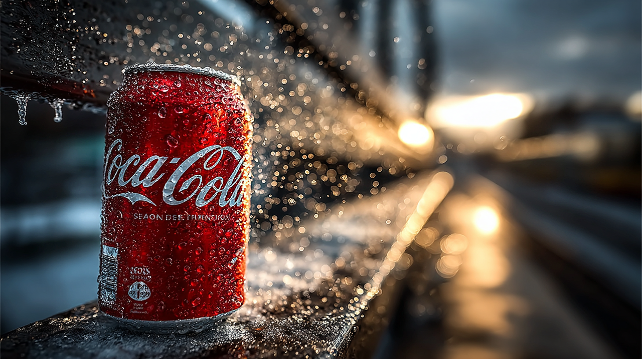 男生抬头、转头，视线落到球场座椅。特写一罐冰镇 Coca-Cola，瓶身有水珠，冰凉雾气淡淡升起。