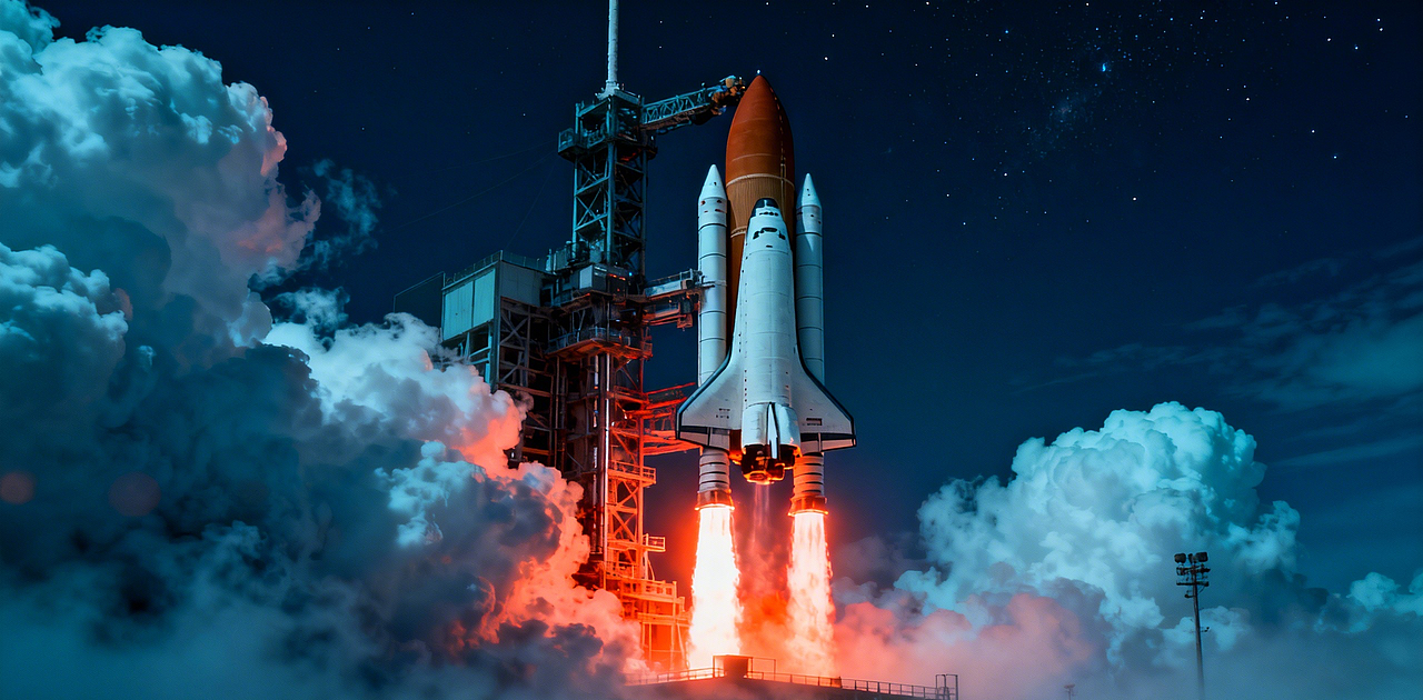 火箭发射升空的壮观场面,巨大的白色火箭从发射台垂直上升,尾部喷射出橙红色的强烈火焰,火焰划破深蓝色的大气层,周围有白色的烟雾和蒸汽,背景是深邃的夜空,星星点点,整体画面充满力量感和科技感,冷蓝色为主基调的太空科幻风格,低饱和度,边缘带轻微暖光,长曝光光晕与体积光效果,整体对比度低、噪点颗粒细腻,远景呈极深景深,色彩LUT为teal-deepblue desat,镜头焦段约20-35mm,透视感强,暖色边缘光勾勒轮廓,体积雾、长焦虚化效果,画面具备写实质感。