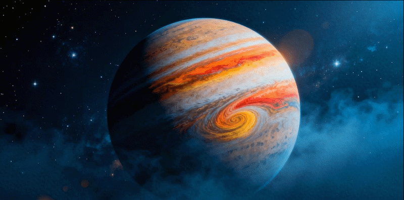 巨大气态星球在太空中缓慢旋转移动,表面的彩色条纹和旋涡持续流动变化,橙色、红色和黄色的渐变色彩在星球表面形成动态的图案,周围的恒星轻微闪烁,镜头保持稳定的远景拍摄,展现宇宙的浩瀚和神秘,整体保持冷蓝色调的科幻氛围。