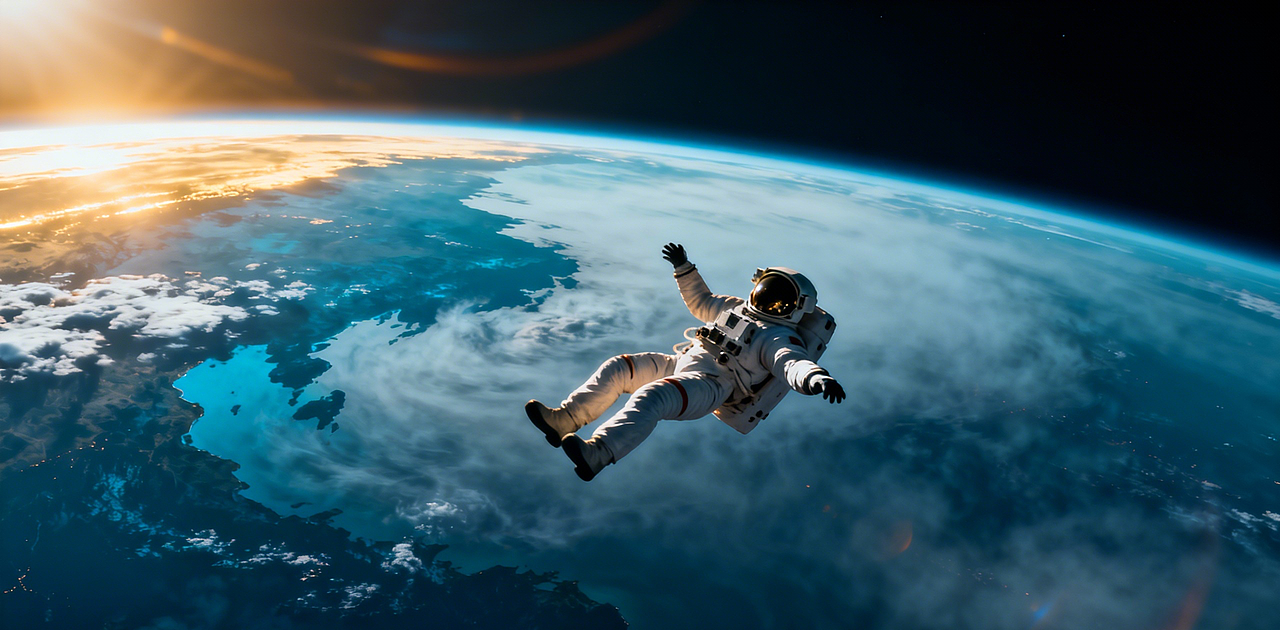 宇航员在零重力环境中自由漂浮,四肢舒展,身体呈现出优美的姿态,背景是地球的弧形轮廓,地球表面有蓝色的海洋和白色的云层,边缘被阳光照亮,形成金色的光环,展现出地球的美丽和脆弱,冷蓝色为主基调的太空科幻风格,低饱和度,边缘带轻微暖光,长曝光光晕与体积光效果,整体对比度低、噪点颗粒细腻,远景呈极深景深,色彩LUT为teal-deepblue desat,镜头焦段约20-35mm,透视感强,暖色边缘光勾勒轮廓,体积雾、长焦虚化效果,画面具备写实质感。
