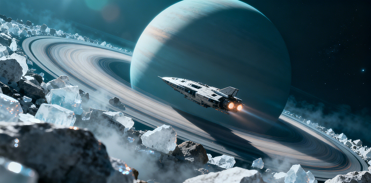 宇宙飞船掠过行星环带的场景,飞船呈现出流线型的设计,周围是由冰块和岩石组成的环带,环带呈现出白色和灰色的纹理,在阳光的照射下闪闪发光,背景是深邃的太空,营造出科幻感十足的氛围,冷蓝色为主基调的太空科幻风格,低饱和度,边缘带轻微暖光,长曝光光晕与体积光效果,整体对比度低、噪点颗粒细腻,远景呈极深景深,色彩LUT为teal-deepblue desat,镜头焦段约20-35mm,透视感强,暖色边缘光勾勒轮廓,体积雾、长焦虚化效果,画面具备写实质感。