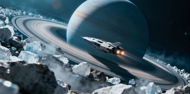 宇宙飞船掠过行星环带,继续在环带中穿行,周围的冰块和岩石碎片缓慢移动,环带的白色和灰色纹理在阳光照射下闪闪发光,背景的深邃太空中星星轻微闪烁,镜头跟随飞船的飞行轨迹,展现科幻感十足的太空旅行场景,整体保持冷蓝色调的科幻氛围。