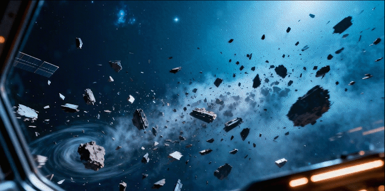飞船外部的大批太空碎片在太空中持续漂浮移动,各种形状和大小的碎片有的旋转,有的缓慢移动,背景的深蓝色宇宙空间中星光轻微闪烁,镜头保持稳定的拍摄角度,展现太空环境的紧张感和危险氛围,整体保持冷蓝色调的科幻风格。