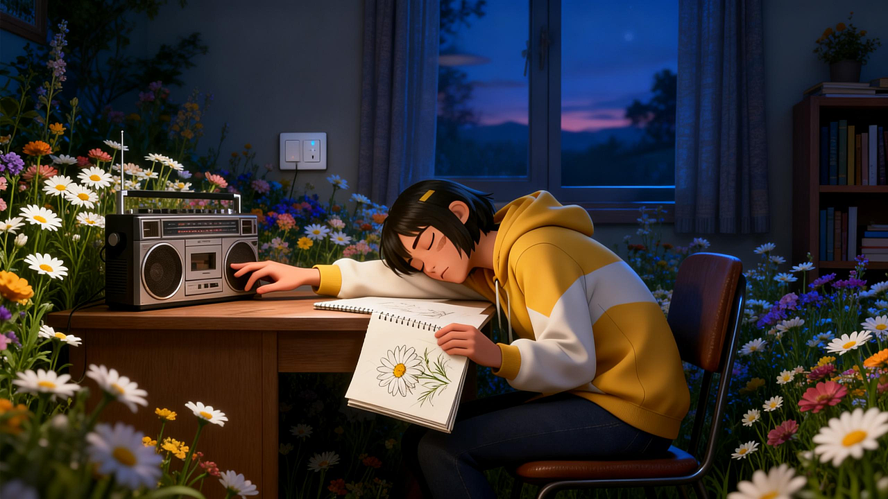 伴随着音乐的旋律,恍惚间速写本上的雏菊绽放,变成初夏公园的花丛,充满整个房间。