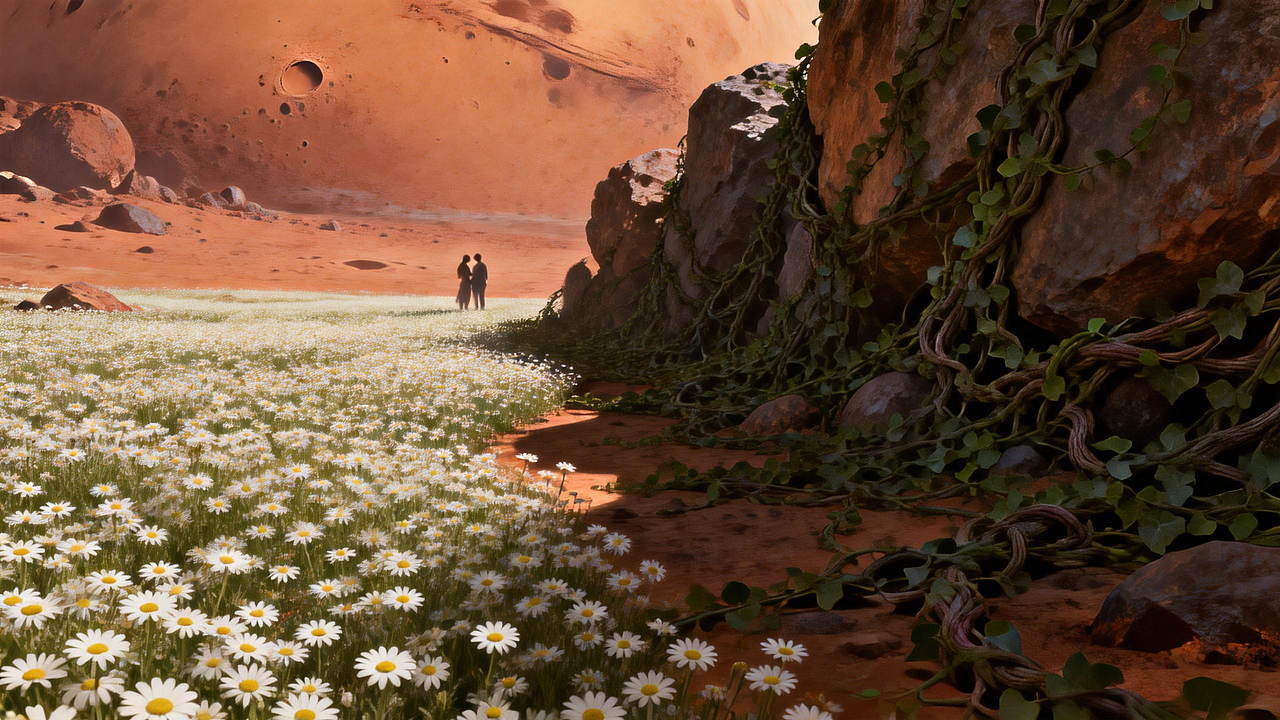 眼前火星的轮廓逐渐清晰,在这里,一半是开满雏菊花的海洋(甜蜜回忆),一半是缠绕着暗绿色藤蔓的岩石(争吵与冷战的苦涩)。我挽着你的手,模糊身影在花海与藤蔓间看着远处星辰坠落,突然释然般闭上眼,珍藏好这份火星上的美好。