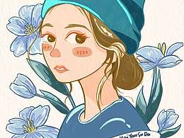 蓝色郁金香复古少女