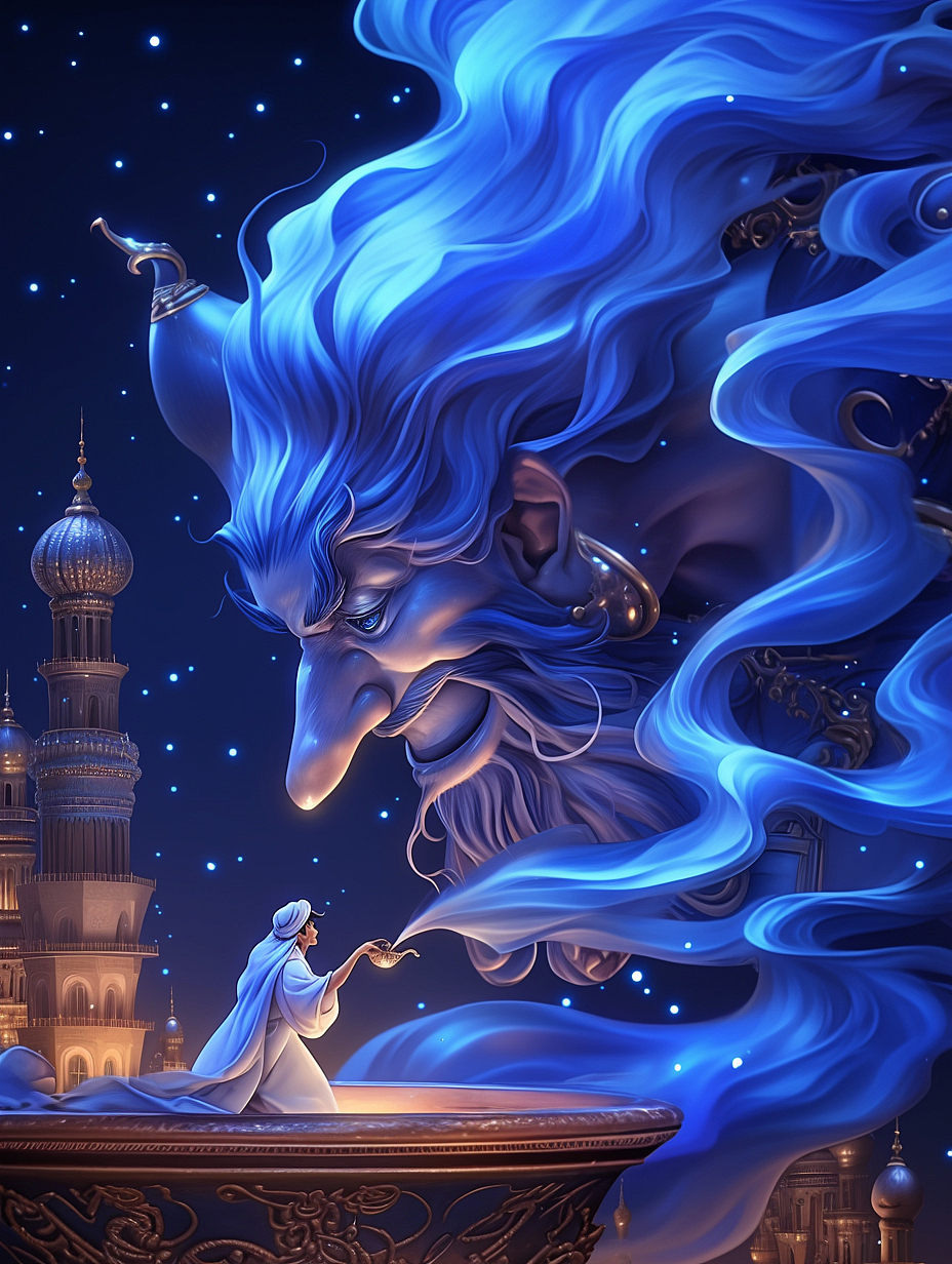 《一千零一夜》当神灯被唤醒，夜空开始倾听（图ZNDAwNTA4NDIw） - AI作品 - 站酷设计师流星的数字艺术原创素材 - 站酷ZCOOL