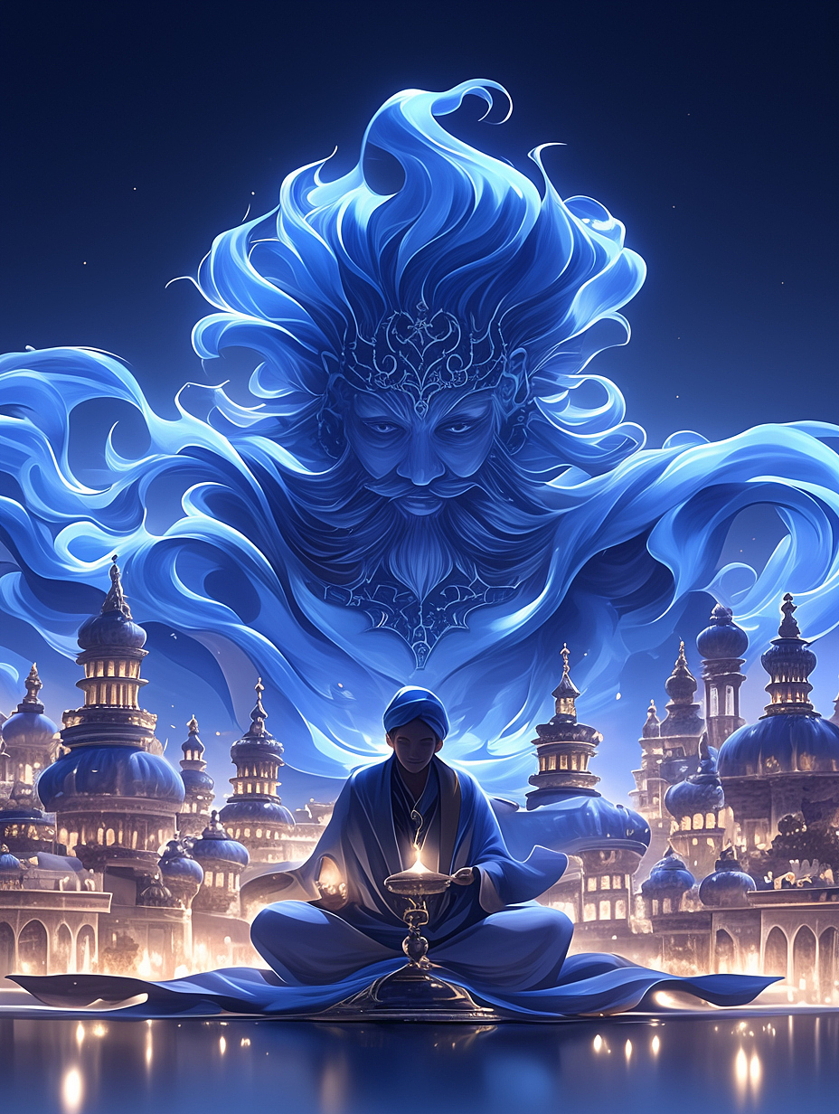 《一千零一夜》当神灯被唤醒，夜空开始倾听（图ZNDAwNTA4NDI4） - AI作品 - 站酷设计师流星的数字艺术原创素材 - 站酷ZCOOL