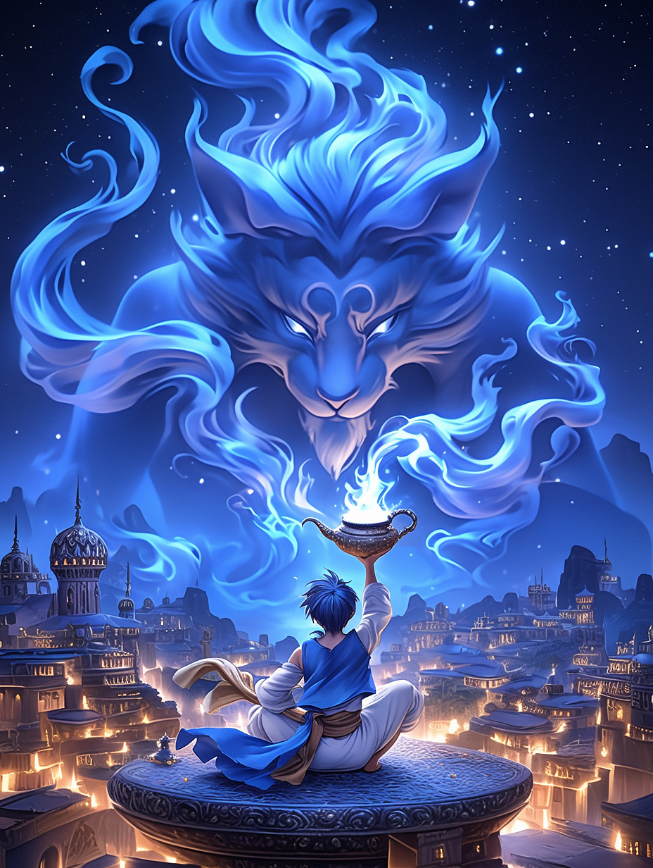 《一千零一夜》当神灯被唤醒，夜空开始倾听（图ZNDAwNTA4NDMy） - AI作品 - 站酷设计师流星的数字艺术原创素材 - 站酷ZCOOL