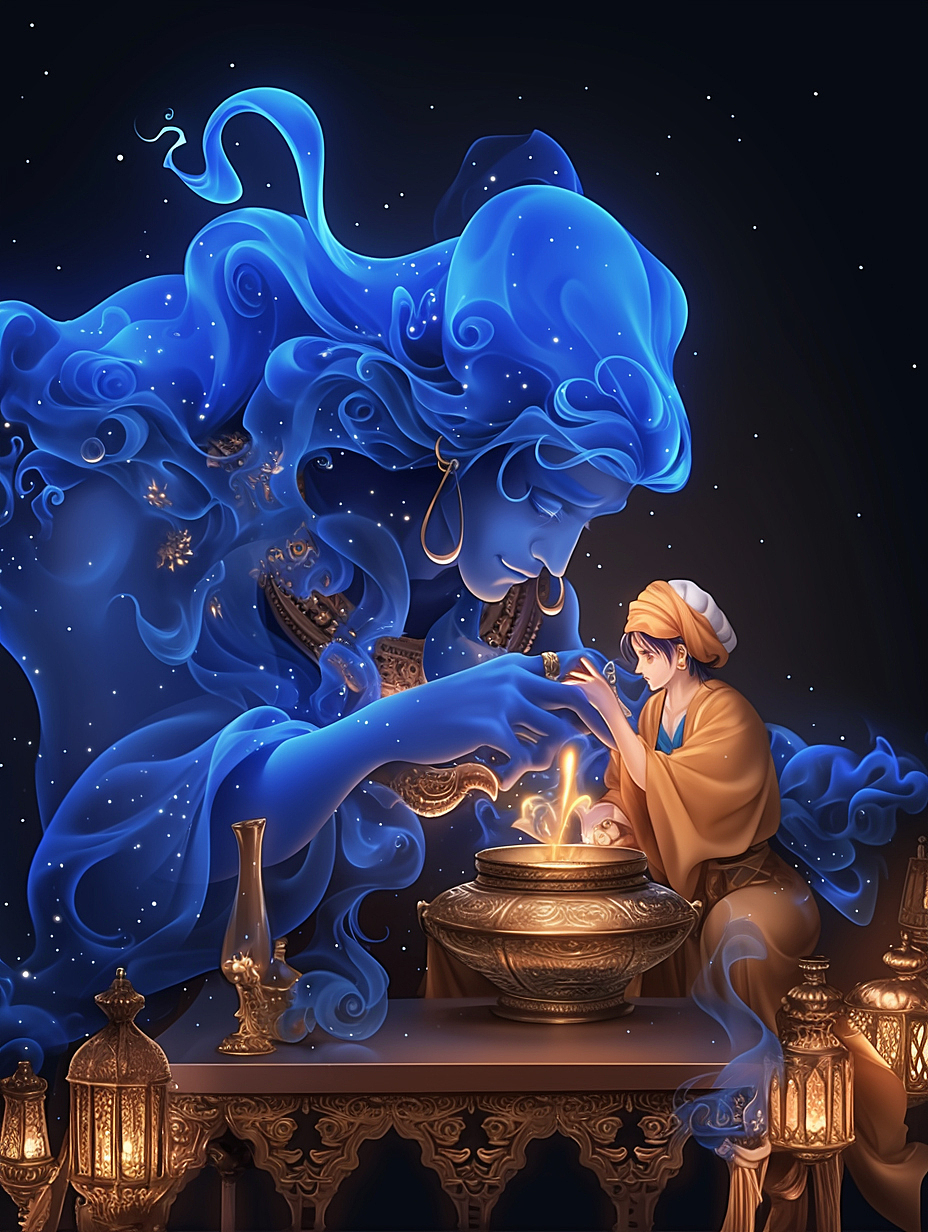 《一千零一夜》当神灯被唤醒，夜空开始倾听（图ZNDAwNTA4NDQw） - AI作品 - 站酷设计师流星的数字艺术原创素材 - 站酷ZCOOL