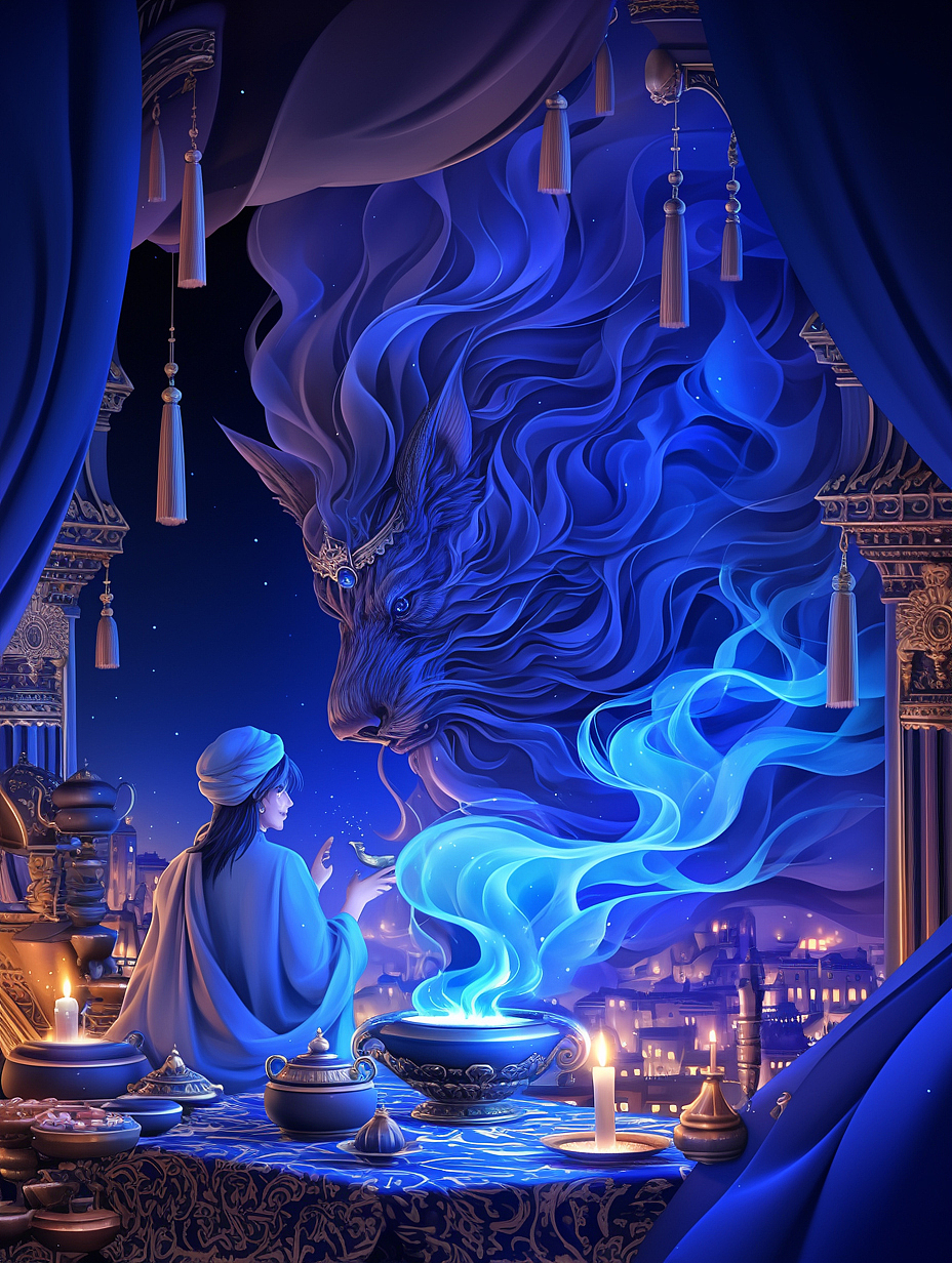 《一千零一夜》当神灯被唤醒，夜空开始倾听（图ZNDAwNTA4NDQ0） - AI作品 - 站酷设计师流星的数字艺术原创素材 - 站酷ZCOOL