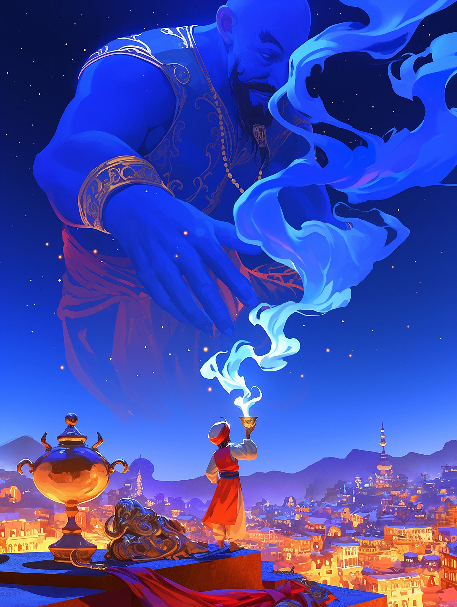 《一千零一夜》当神灯被唤醒，夜空开始倾听（图ZNDAwNTA4NDM2） - AI作品 - 站酷设计师流星的数字艺术原创素材 - 站酷ZCOOL