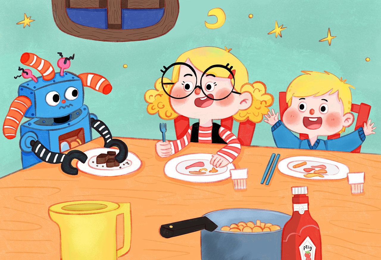 插画练习《与机器人一起生活》（图ZNDAwNTU2MzE2） - 儿童插画 - 站酷设计师插画师小贝原创素材 - 站酷ZCOOL