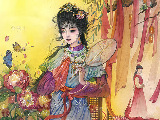 红楼梦-薛宝钗之宝钗扑蝶（个人主页-ZNzI5NjEyMzI=） - 艺术插画 - 站酷设计师金莺儿原创素材 - 站酷ZCOOL