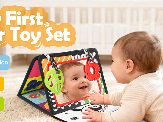 母婴玩具镜子布书，AI模特场景合成