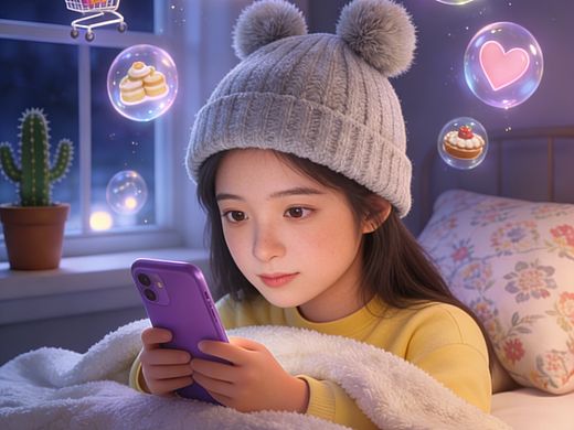 戴毛球针织帽的少女深夜看手机