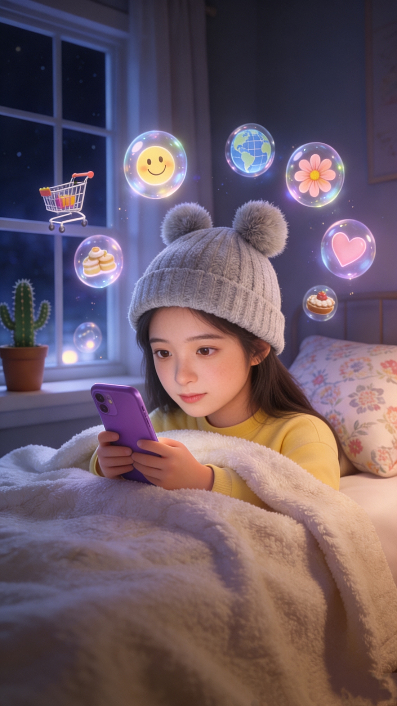 戴毛球针织帽的少女深夜看手机（图ZNDAwNjgwNzA0） - 人像摄影 - 站酷设计师Z686030957原创素材 - 站酷ZCOOL