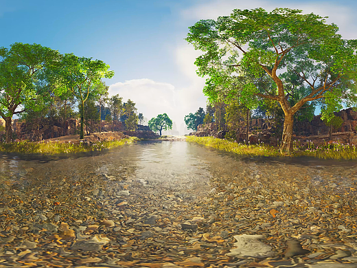 山间河流瀑布全景渲染