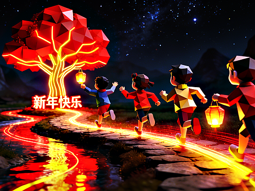 发光线条树引导孩童迎新年,放飞许愿灯伴河流守岁