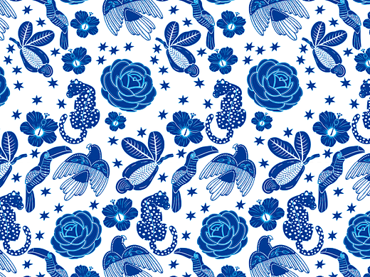 蓝色花鸟无缝