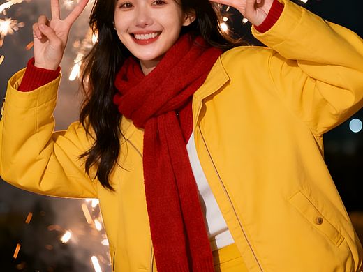 烟火下的新年甜欲少女，V字手势定格跨年欢喜
