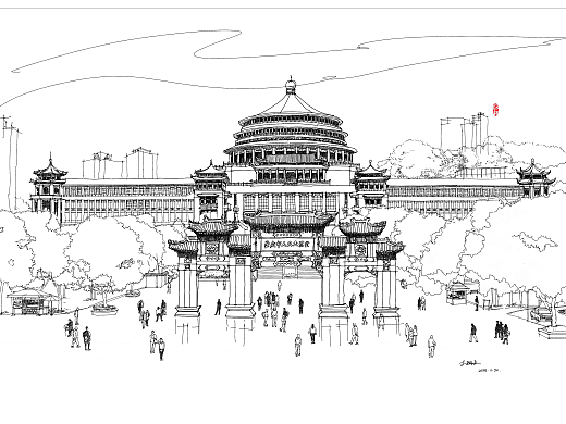重慶大禮堂----楊林手繪（個人主頁-ZNzMwMTMyNDg=） - 繪畫 - 站酷設(shè)計師楊林YIMUstudio原創(chuàng)素材 - 站酷ZCOOL