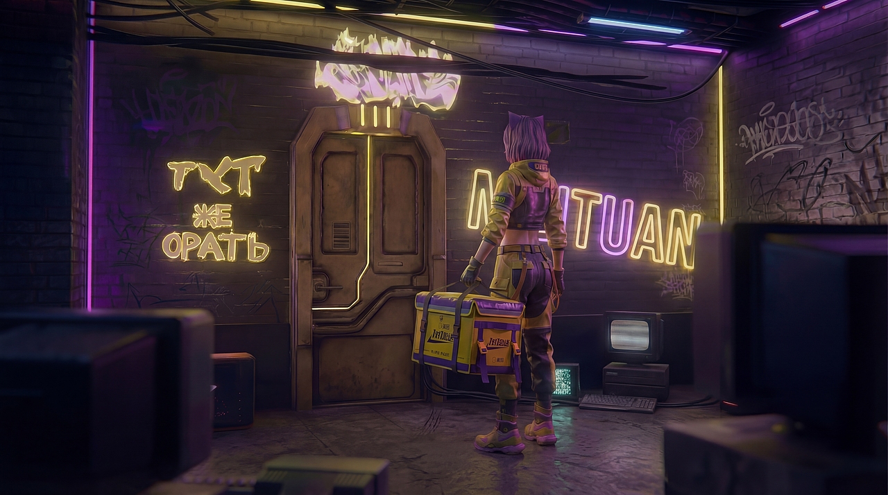 赛博霓虹里的美团一对一急送：星芒稳护，波点速达（图ZNDAxMTc4NDY4） - AI作品 - 站酷设计师丸子勇气之龙原创素材 - 站酷ZCOOL