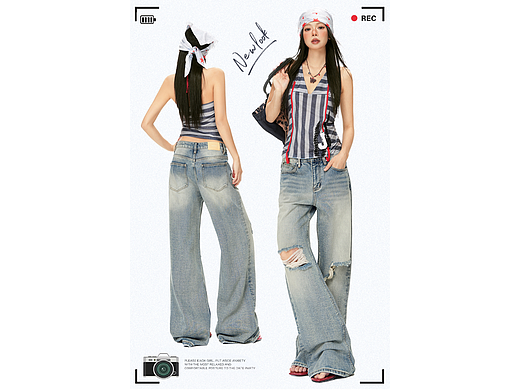 美式休闲浅色破洞牛仔女裤详情页排版海报模特拼图